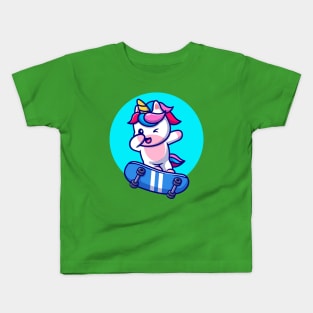 Cute Unicorn Playing Skateboard And Dabbing Cartoon Kids T-Shirt